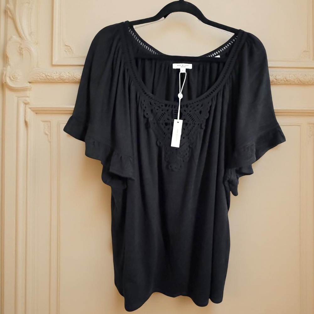Max Studio, black Lace V-neck,flutter sleeve blouse,top,spring top